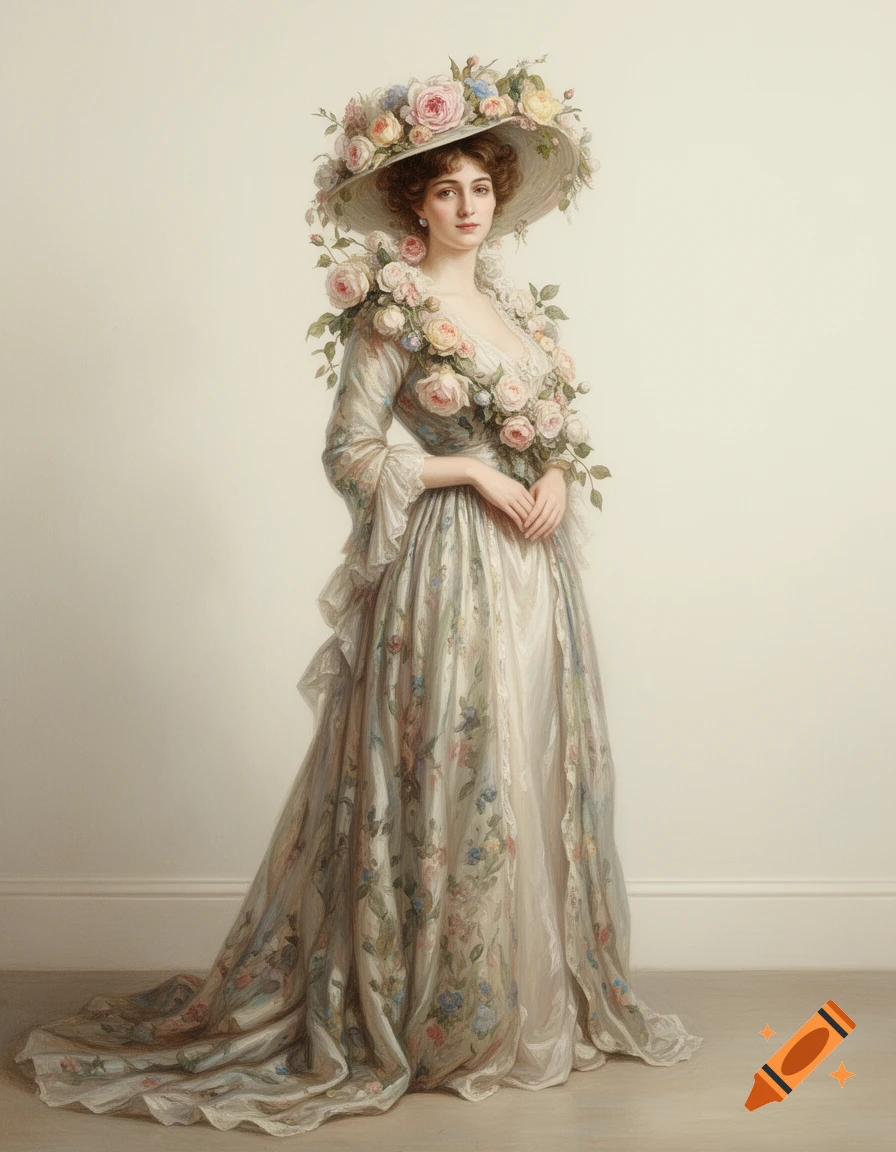 An elegant woman in a large flower-adorned hat and a flowing floral dress poses gracefully, resembling a vintage painting.