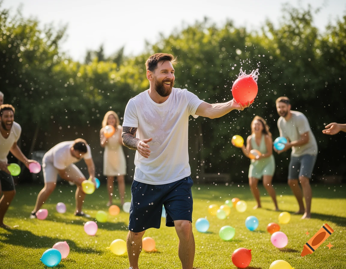 A bearded man resembling Lionel Messi smiles during a vibrant water balloon fight in a sunny green backyard with friends.