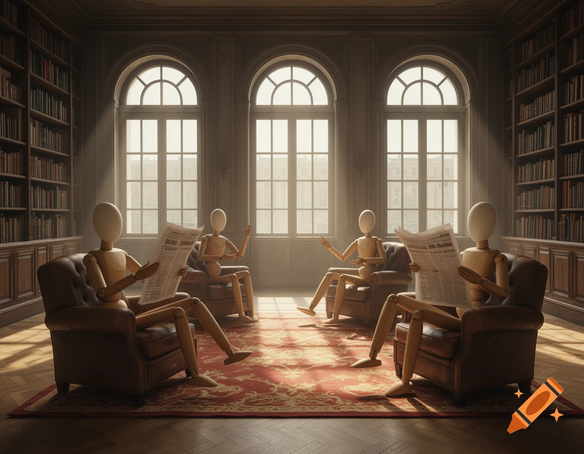 Chirico-style mannequins sit in armchairs in a grand 19th-century library with large windows, some reading newspapers.