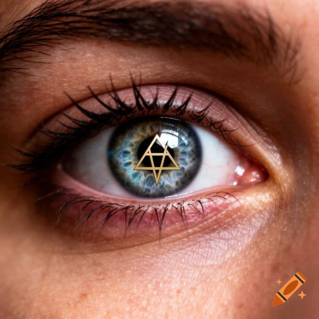 Close-up of a human eye with a golden Elder Sign symbol in the iris, reflecting light.