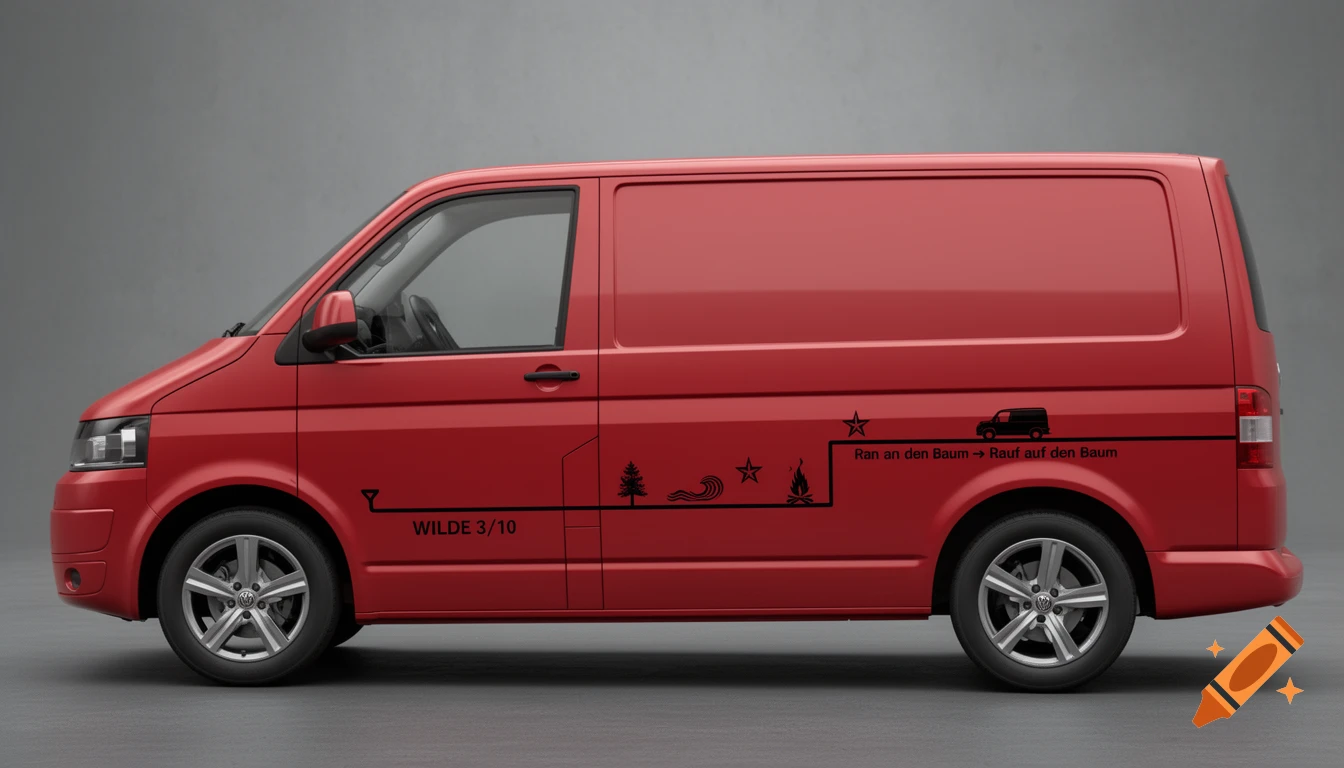 A red cargo van with black minimalist travel-themed graphics on its side, including text "WILDE 3/10" and "Ran an den Baum".