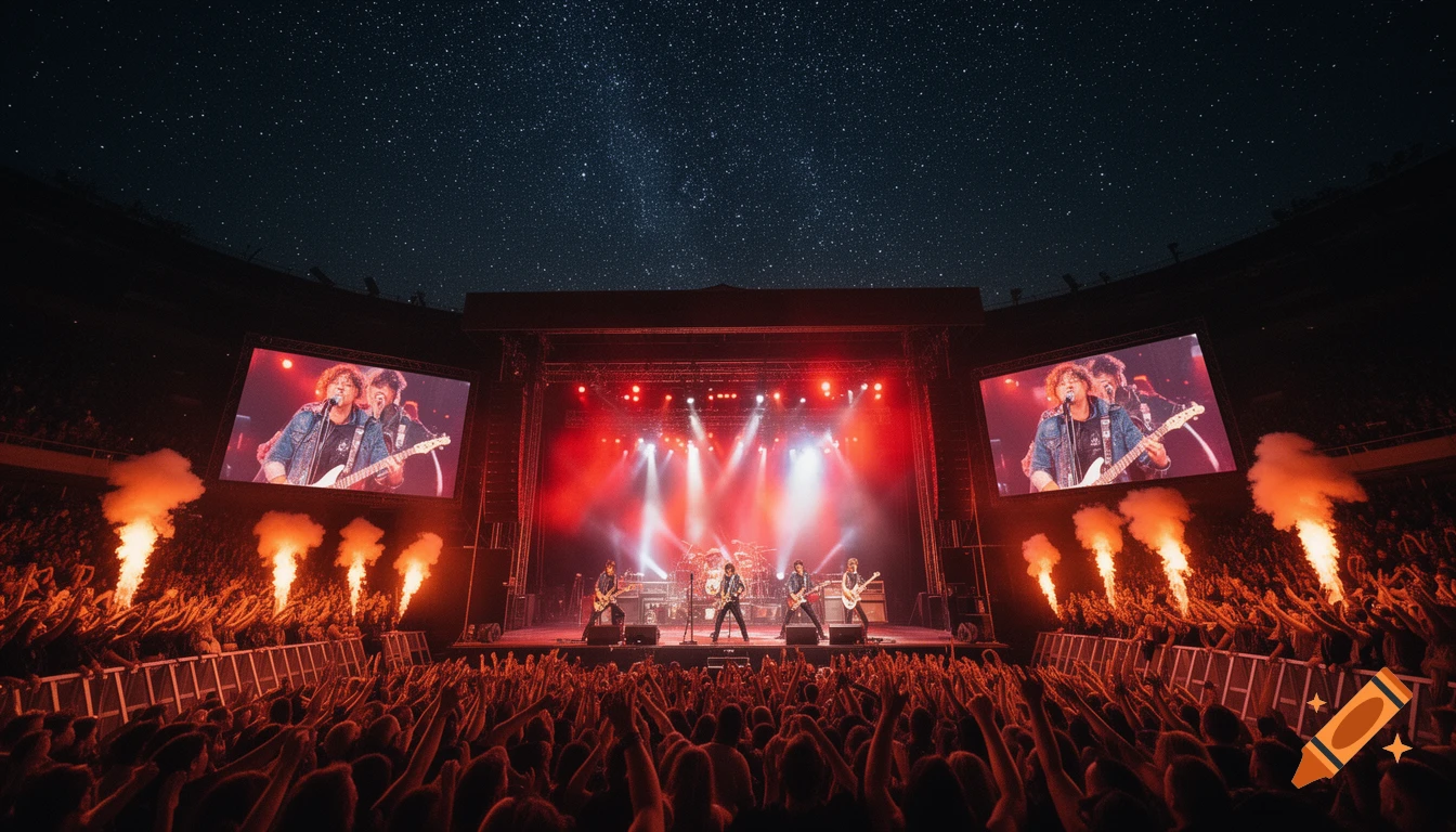 A dynamic wide shot of a rock concert under a starry night sky, with a band on stage, a large cheering crowd, and pyrotechnics.