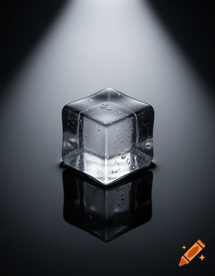A clear ice cube with water droplets reflects on a dark, glossy surface under a spotlight.