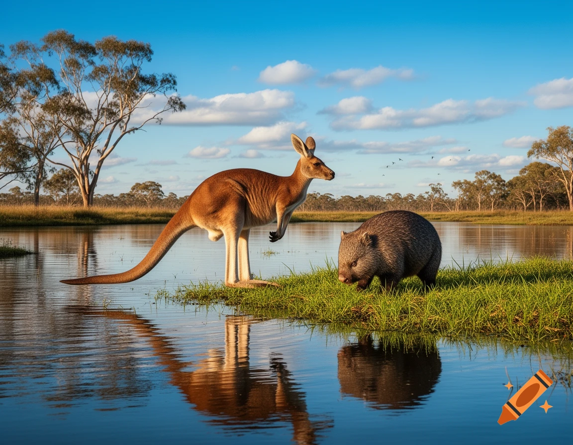A photorealistic image of a kangaroo standing and a wombat grazing at the edge of a sunny billabong with trees.