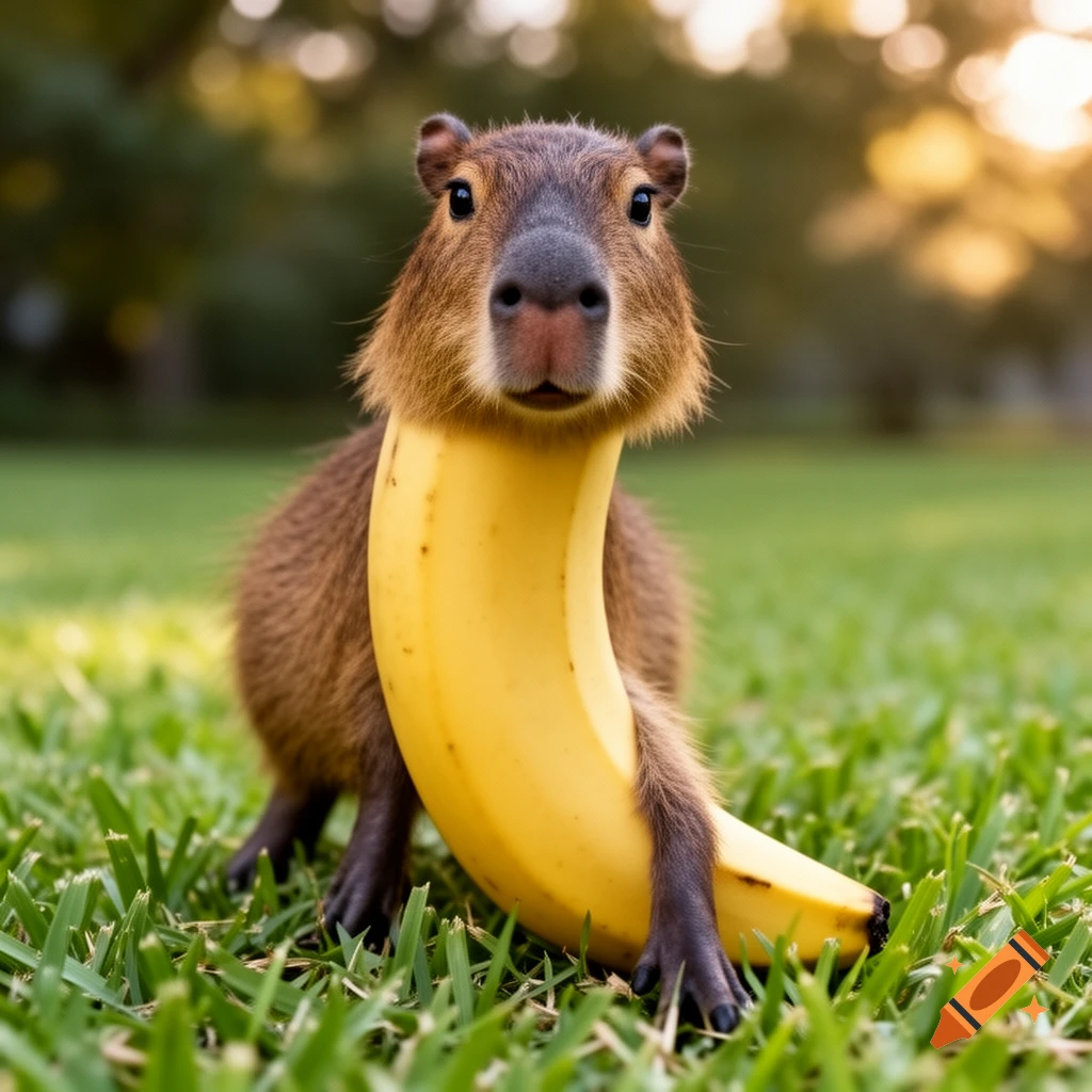 A capybara with its head and legs attached to a large yellow banana, standing on green grass.