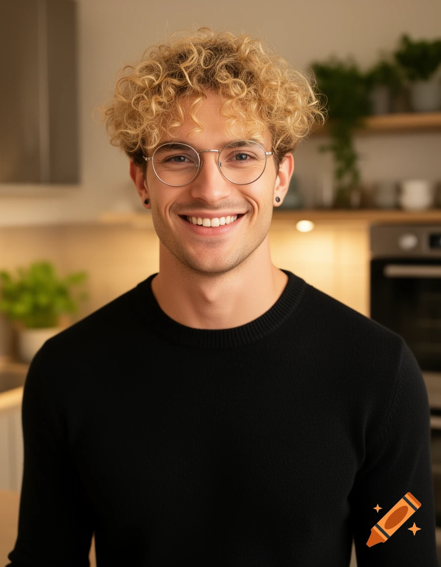 A smiling man with blonde curly hair, glasses, and pierced ears wearing a black sweater, standing in a modern kitchen.