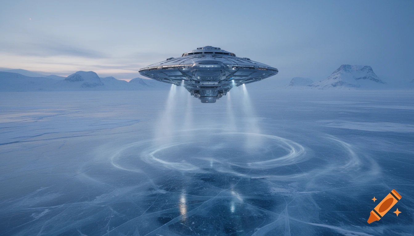 A futuristic spaceship hovers low over a vast, cracked ice field with snow-capped mountains under a pale sky, light beams hitting the ice.