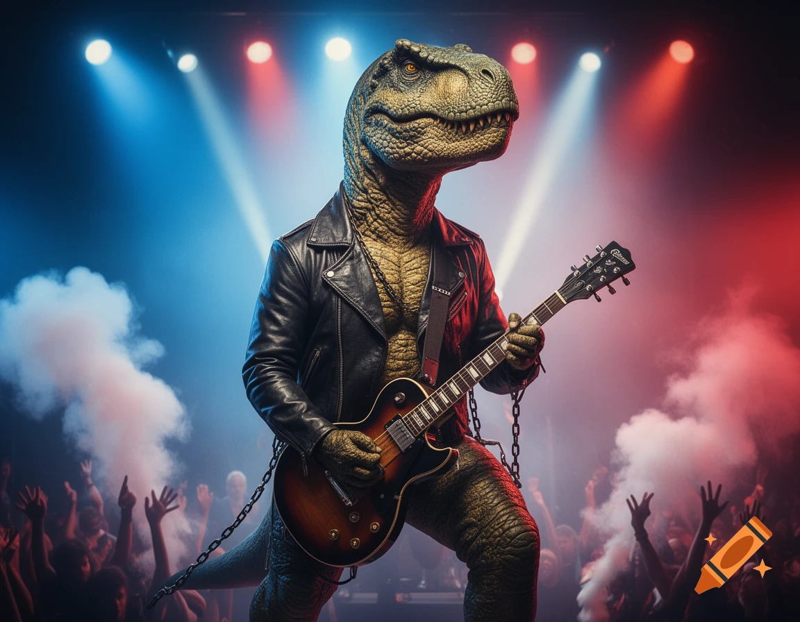A photorealistic T-Rex in a leather jacket plays an electric guitar on a stage with spotlights and a cheering crowd.