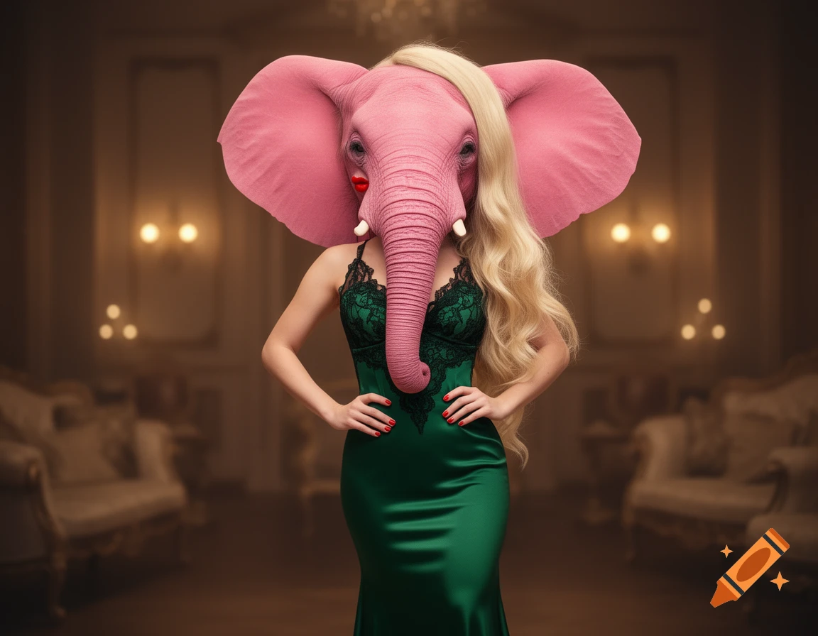 A woman with a pink elephant head, blonde hair, and red lips, wearing an emerald green lace dress in an opulent room.