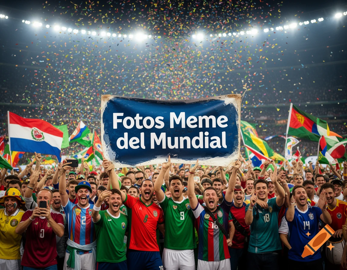 A jubilant crowd of soccer fans in a stadium, holding a banner that reads "Fotos Meme del Mundial" and flags, celebrating under falling confetti.
