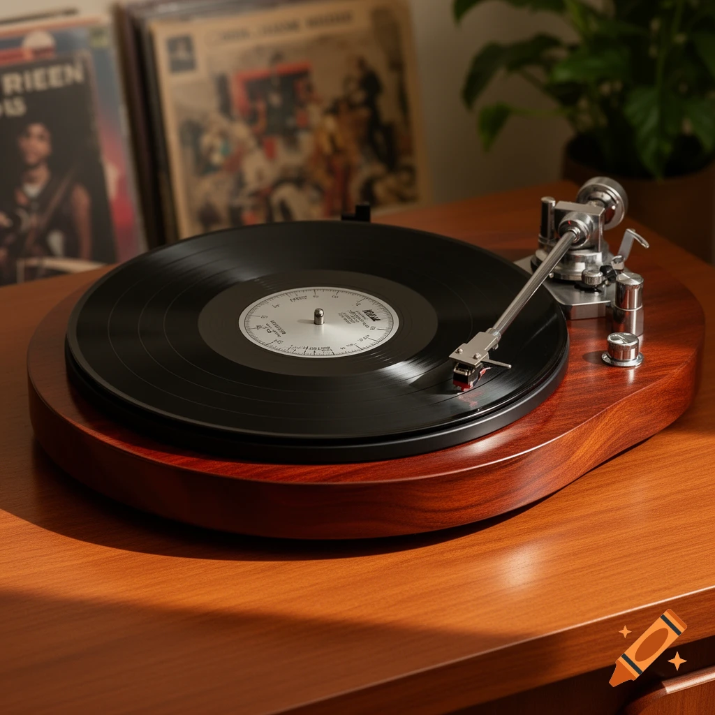 Photorealistic image of a vintage wooden turntable with a black record on a wooden table, with album covers in the soft focus background.