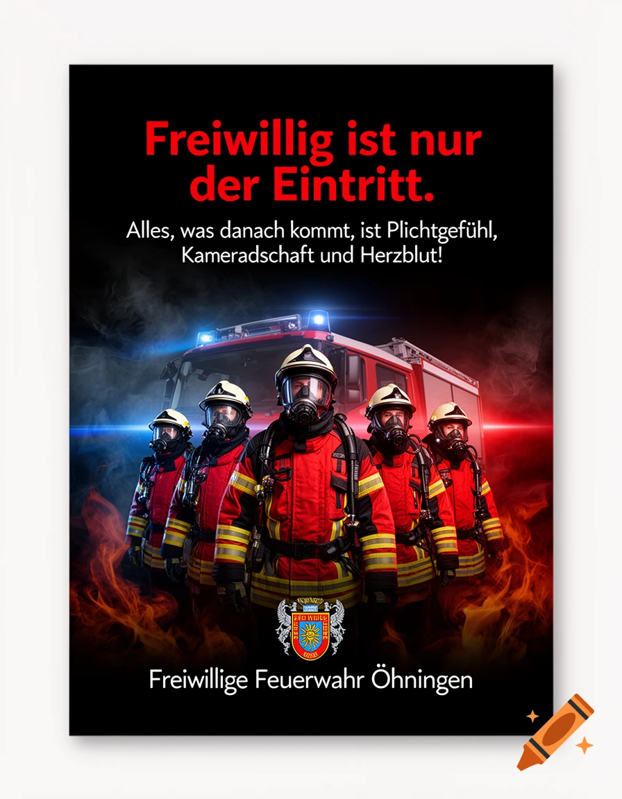 Five firefighters in full gear and masks stand dramatically before a fire truck with smoke, flames, and blue/red lights, with German text.