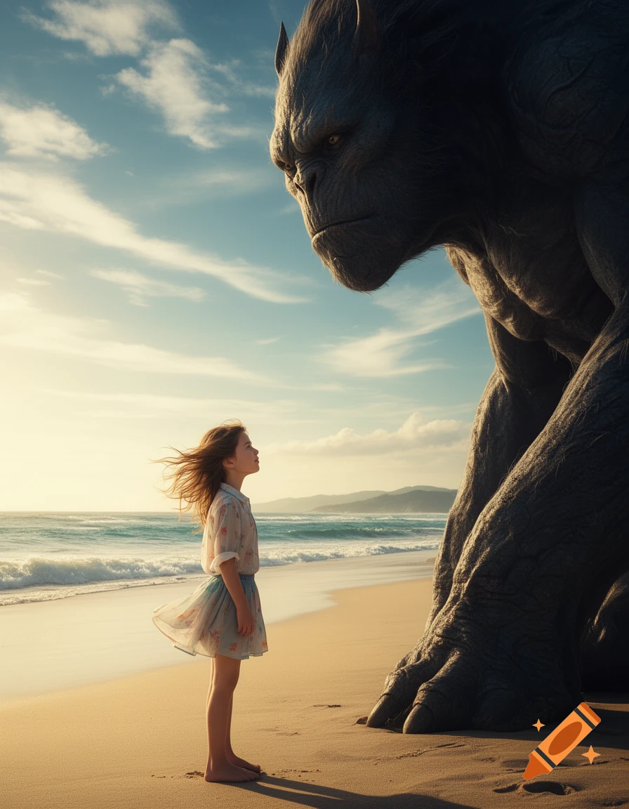 A photorealistic image of a young girl standing on a sunny beach, looking up at a massive, dark monster towering beside her.