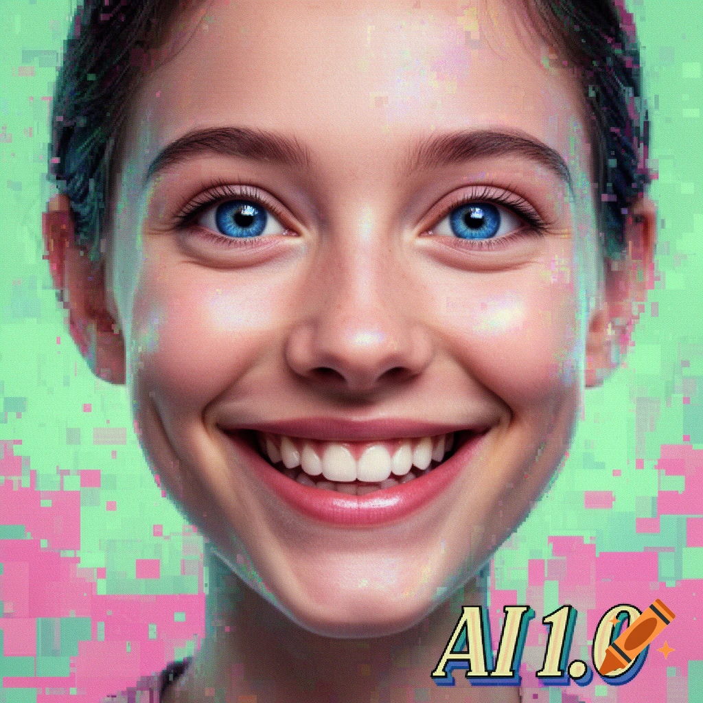 Close-up of a smiling young person's face with bright blue eyes, against a pixelated green and pink background, with 'AI 1.0' text.