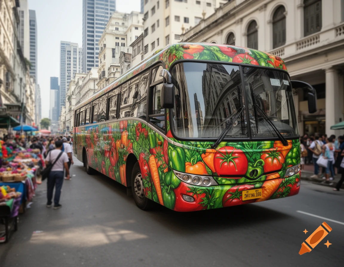 A vibrantly painted bus with fruits and vegetables drives down a busy city street lined with buildings and market stalls.