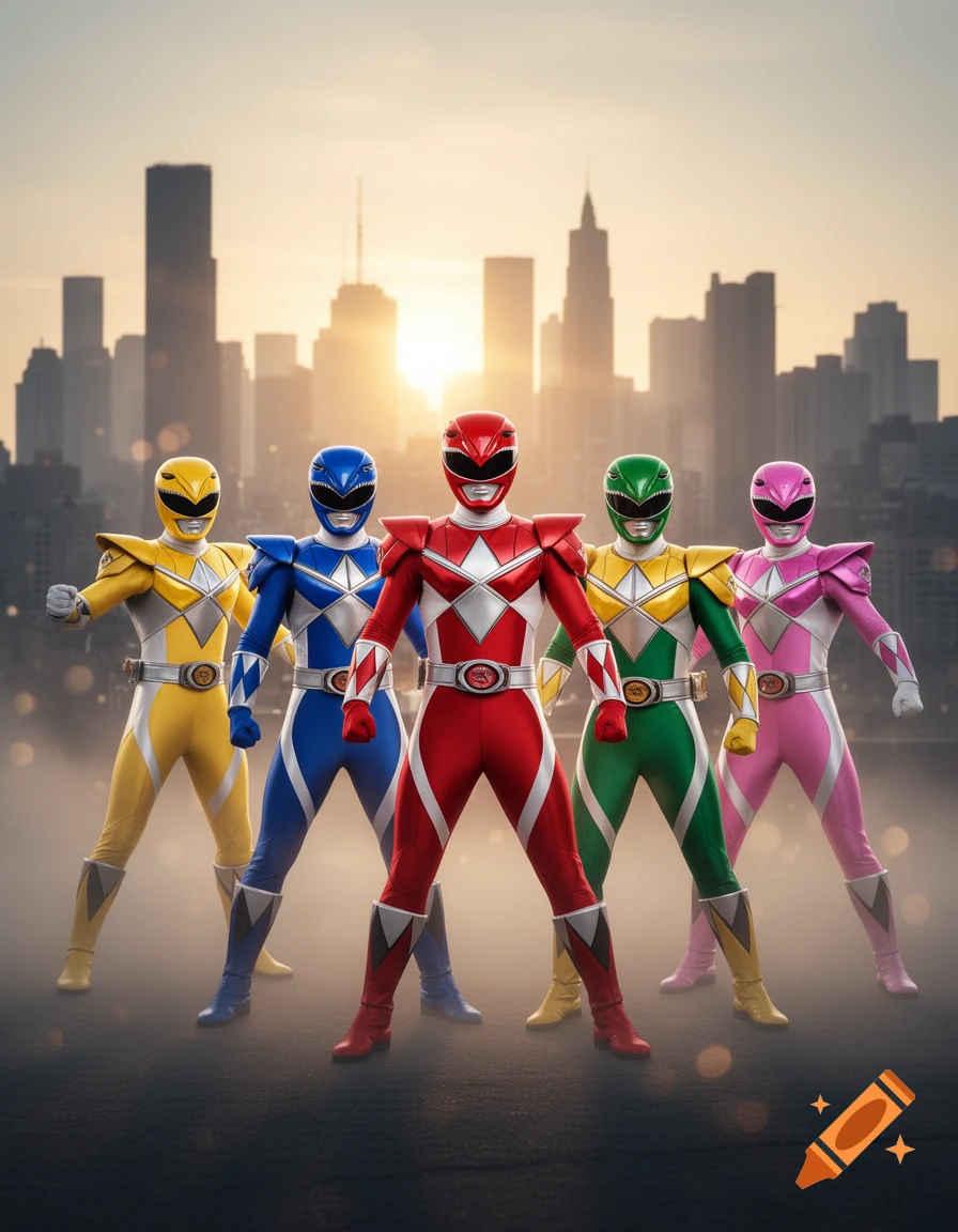 Five Power Rangers in yellow, blue, red, green, and pink costumes stand confidently before a city skyline at sunset in a photorealistic style.