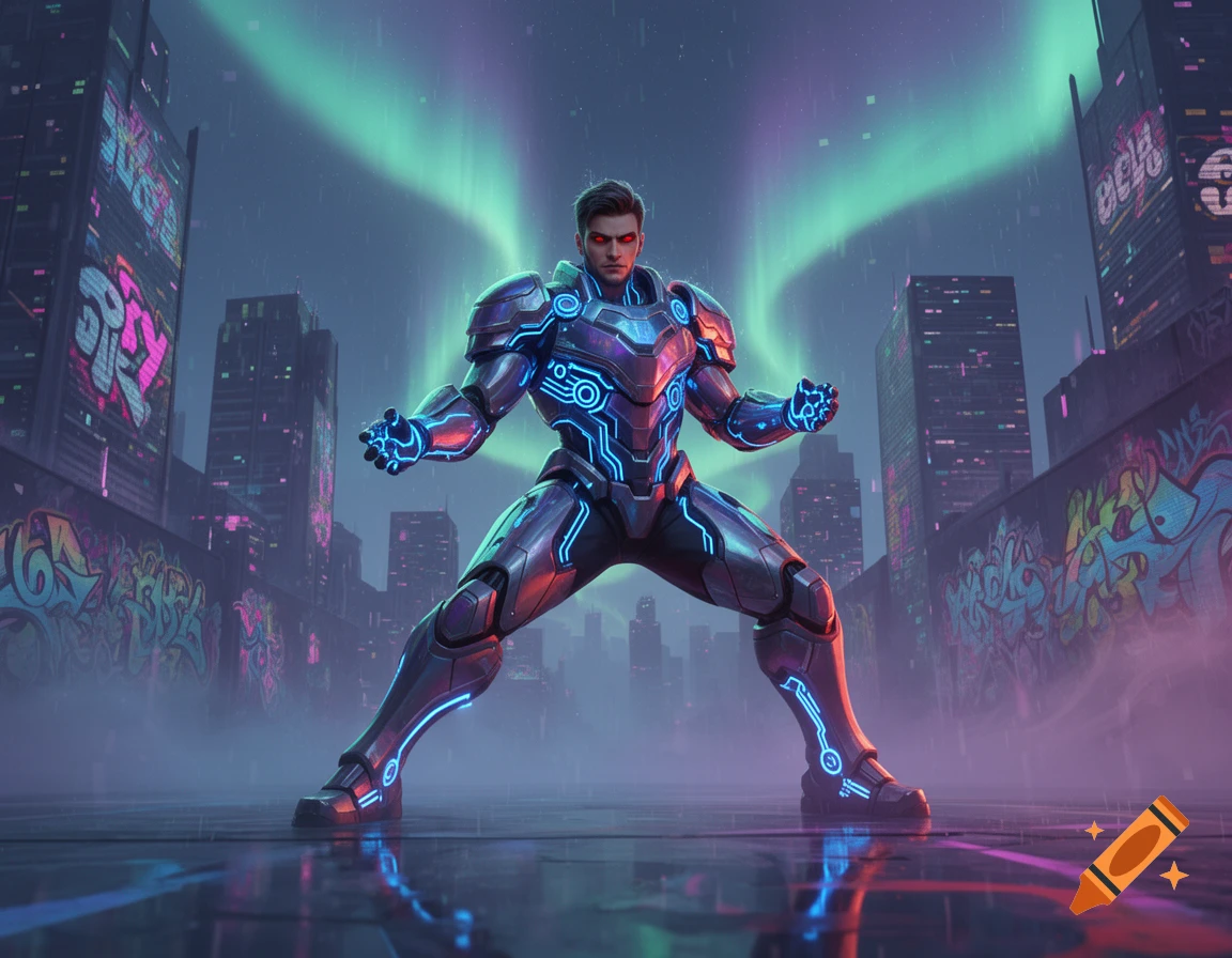 A futuristic male character in a glowing blue and purple armored suit stands in a neon-lit, rain-slicked cyberpunk city street with graffiti-covered buildings and an aurora borealis sky.