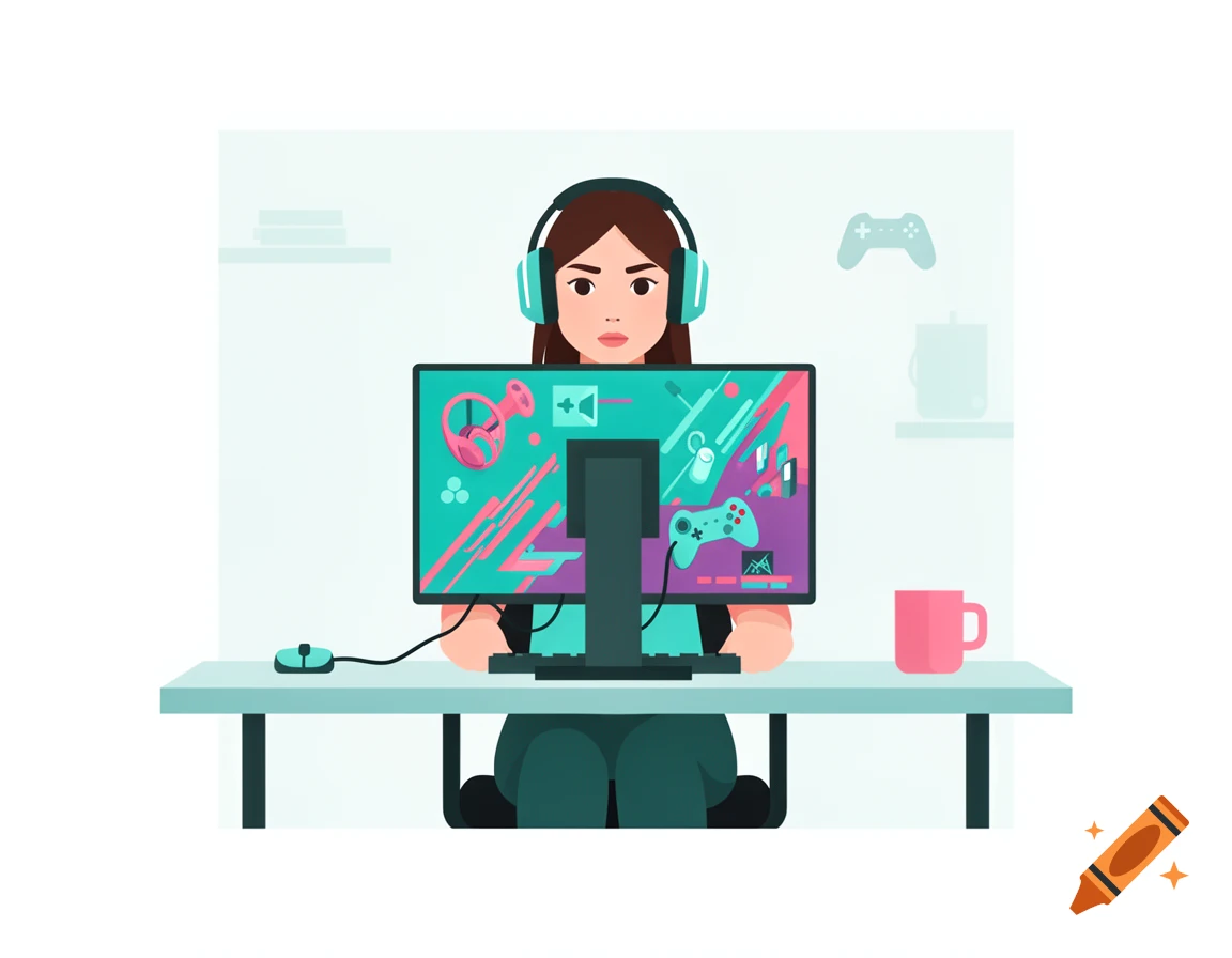 A stylized clip art illustration of a female gamer with headphones sitting at a desk, looking at a computer screen.