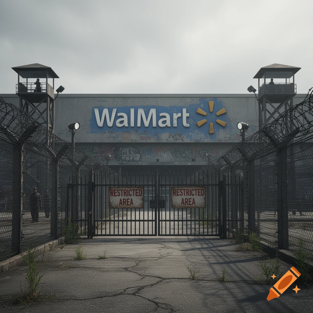 A photorealistic image of a dystopian Walmart building with guard towers, barbed wire fences, and a 'RESTRICTED AREA' gate.