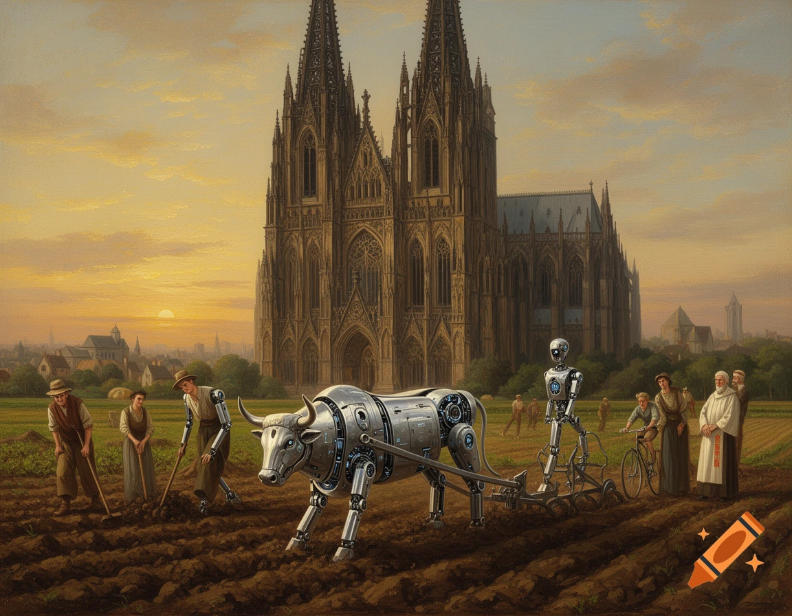 An oil painting shows robot farmers and a robot ox plowing a field near the towering Cologne Cathedral at sunset.