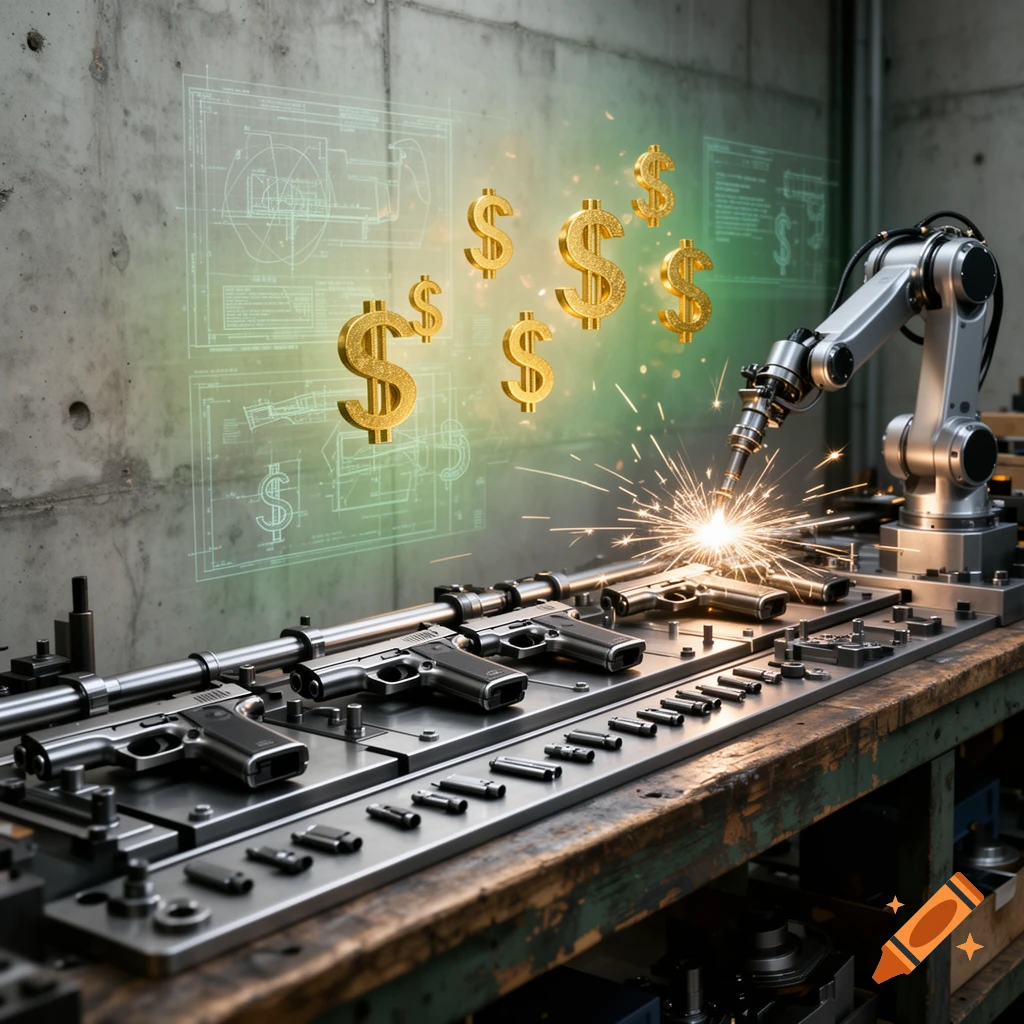 A robotic arm works on multiple pistols on a workbench, with golden dollar signs and holographic blueprints on a concrete wall.