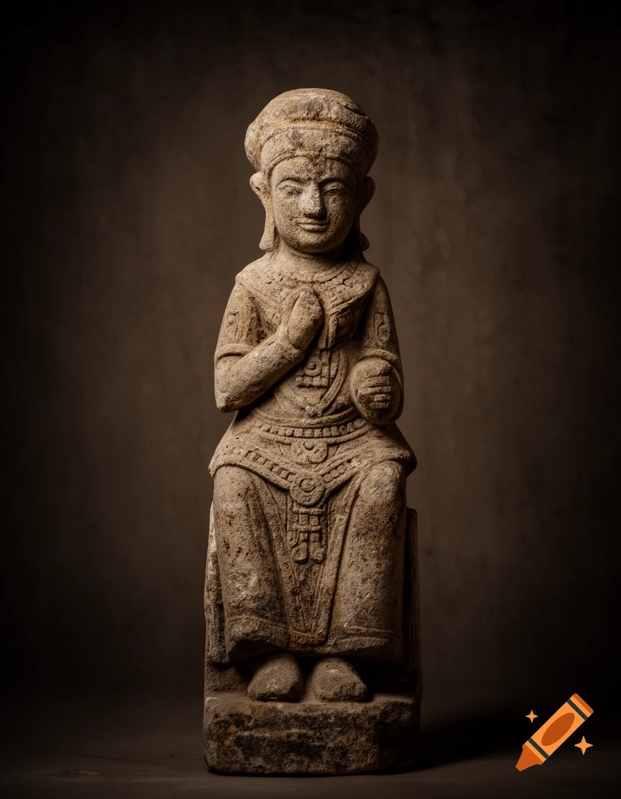 Frontal view of an ancient, weathered grey stone sculpture depicting a seated figure with a headdress and elaborate carved attire.