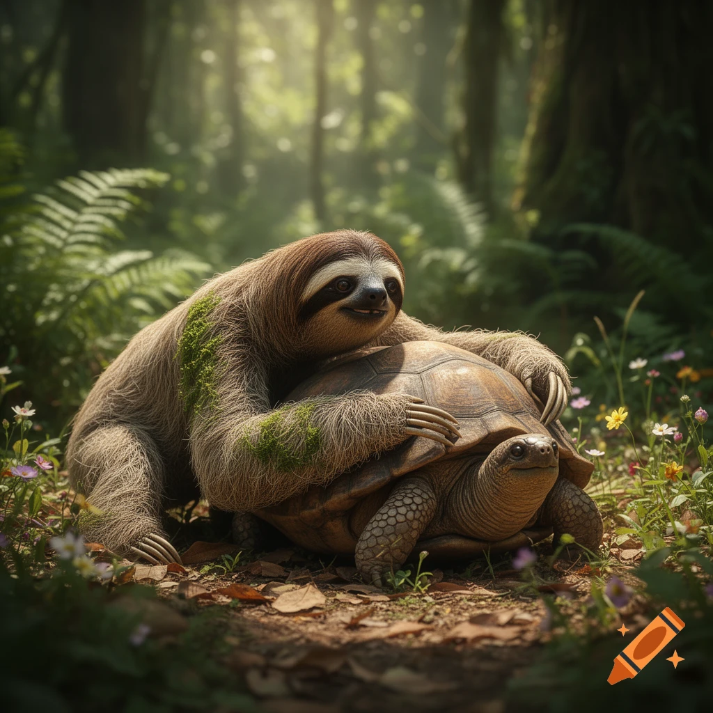 A friendly sloth with moss on its fur hugs a large turtle on a forest path, bathed in dappled sunlight.