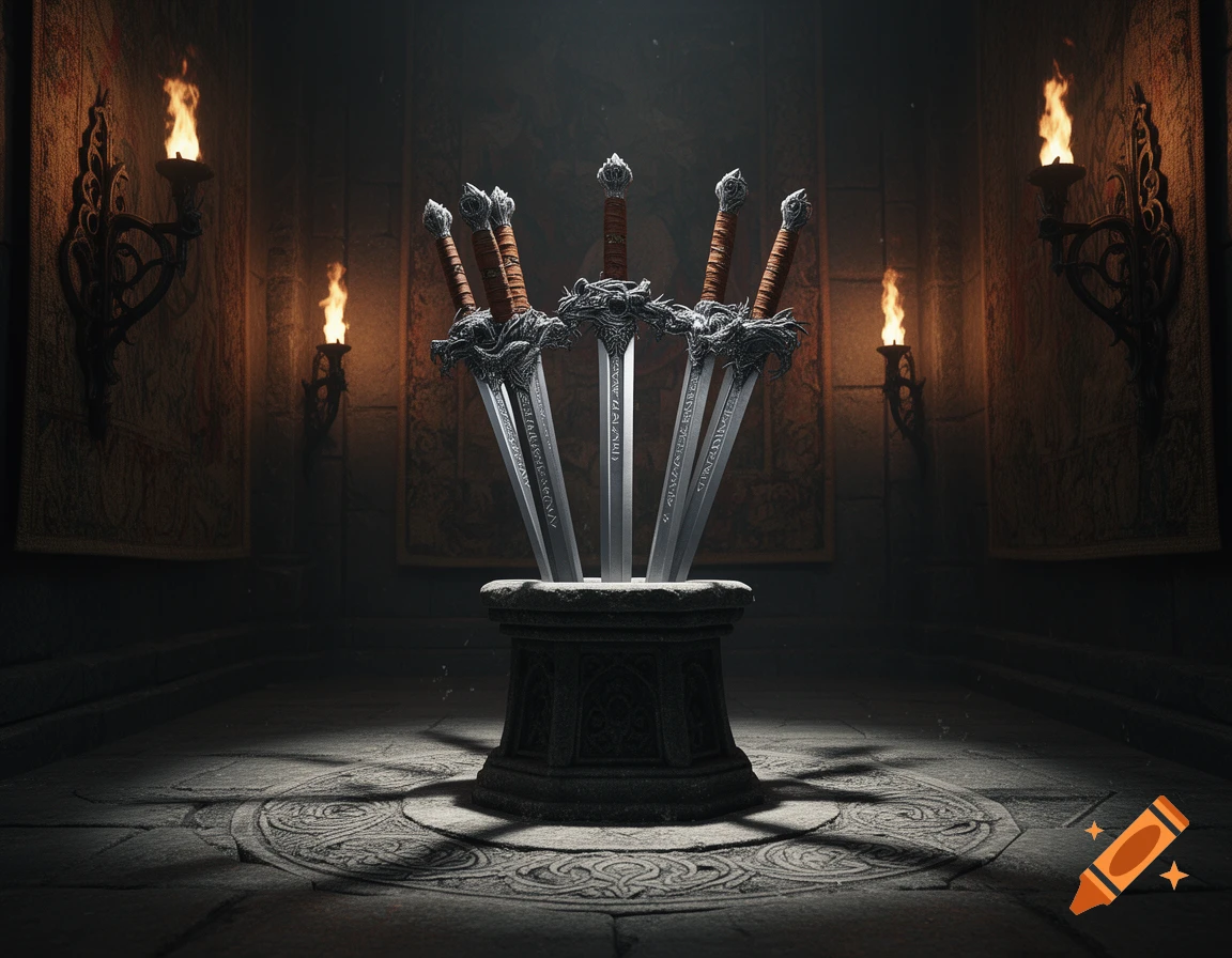 Five ornate fantasy swords stand upright in a stone pedestal in a dimly lit, torch-lit gothic chamber.