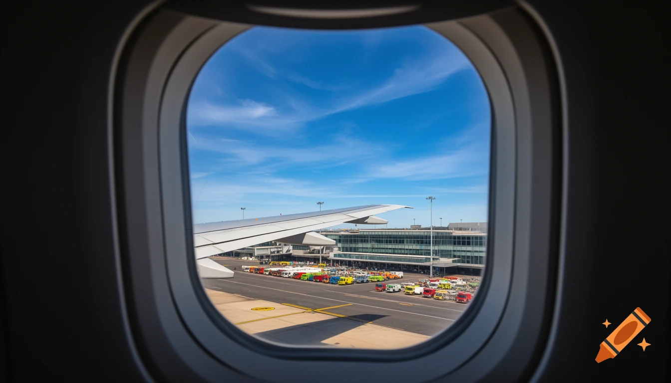 View from an airplane window showing a wing, airport tarmac with colorful ground vehicles, and a terminal building under a bright blue sky.