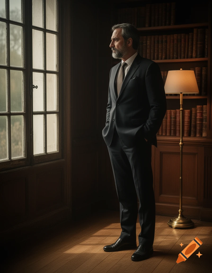 A distinguished man in a dark suit stands by a large window, looking out, with a bookshelf and lamp behind him in a classic study.