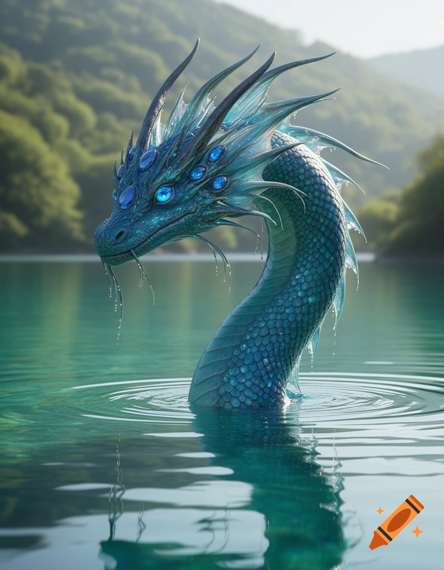 A photorealistic water dragon with glowing blue eyes and turquoise scales emerges from a serene lake, surrounded by green mountains.