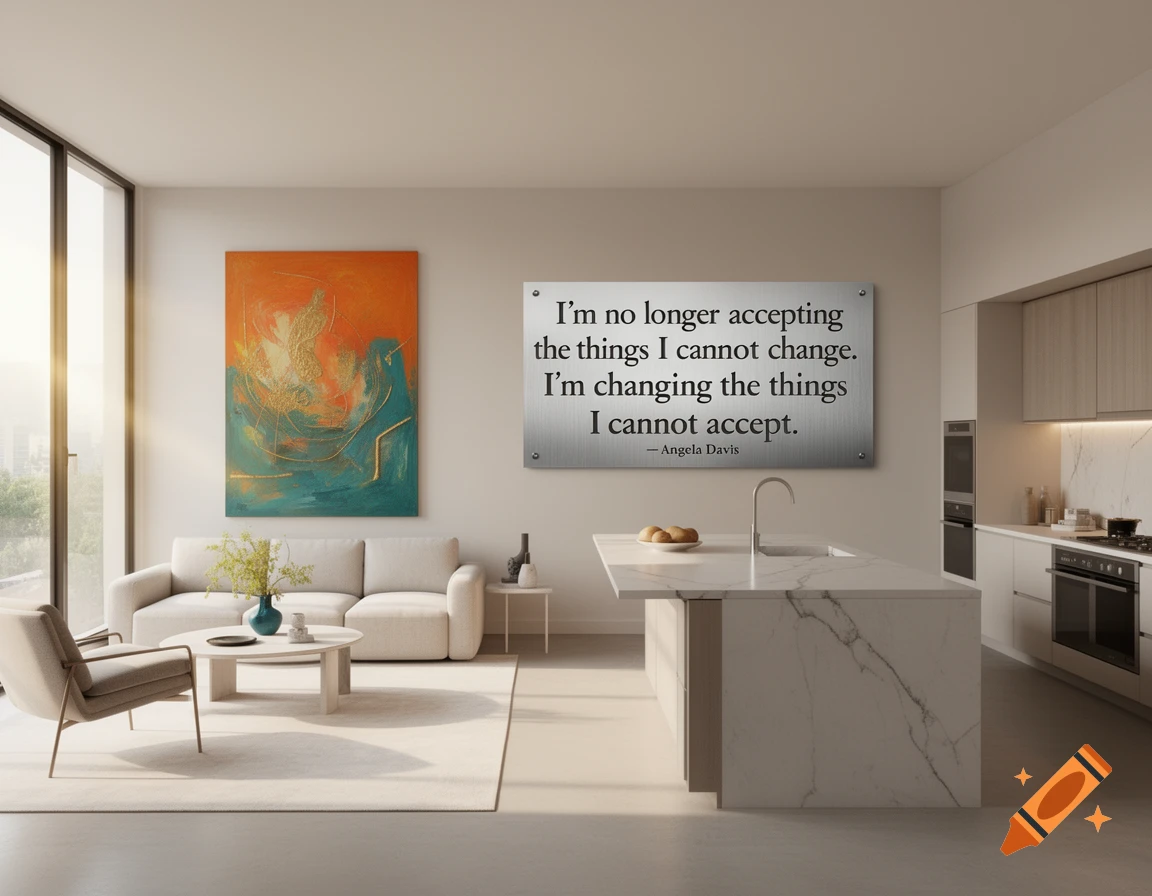 Bright, modern open-plan living room and kitchen with a large quote on a metallic plaque on the wall, photorealistic.