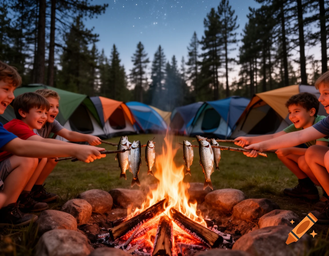 Four smiling children roast fish over a campfire at night, with multiple colorful tents visible in the background under a starry sky.