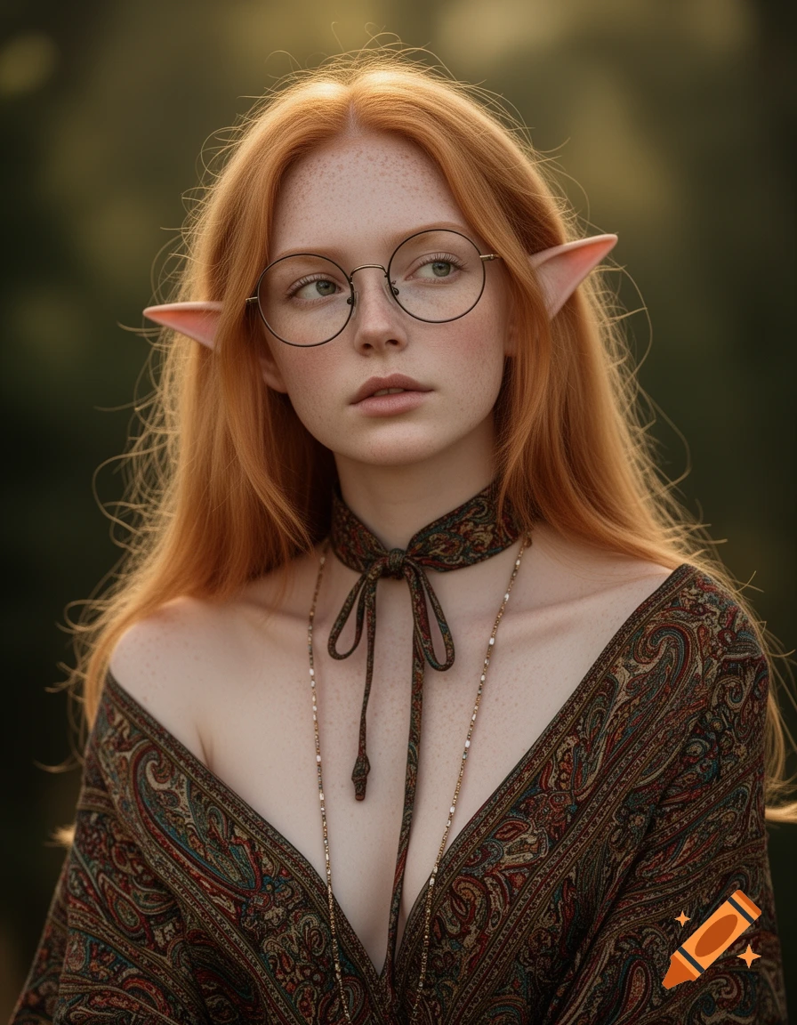 Photorealistic portrait of a red-haired woman with freckles, round glasses, and elven ears, wearing a paisley robe.