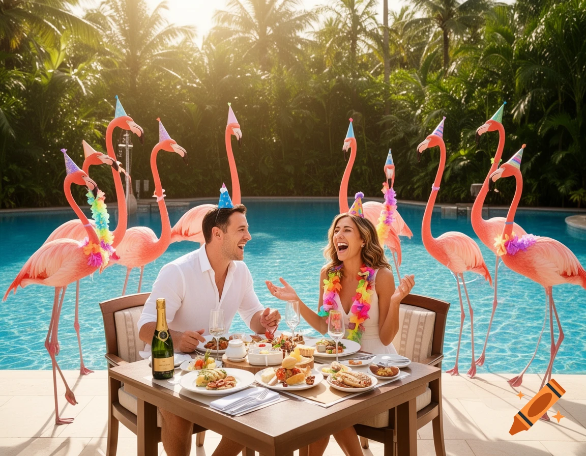 A smiling couple enjoys a champagne breakfast by a pool, surrounded by numerous pink flamingos wearing party hats and garlands.