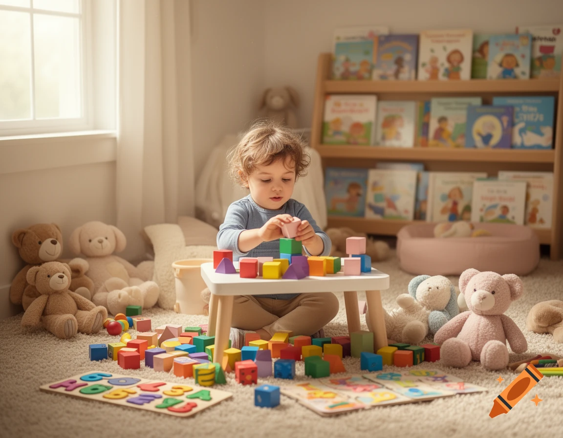 A toddler with curly hair plays with colorful wooden blocks at a small table on a rug in a sunlit room filled with toys.