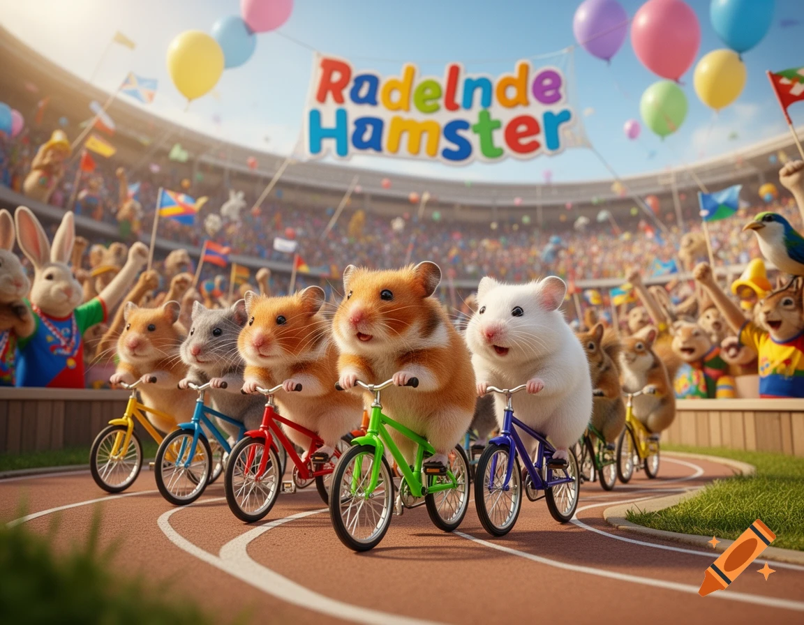 Anthropomorphic hamsters race on tiny bicycles in a stadium, cheered by an animal crowd under a banner.