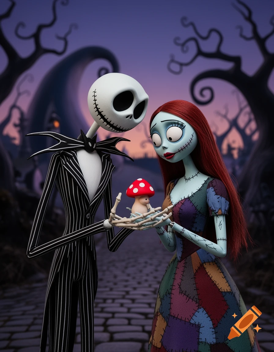 Jack Skellington and Sally from Nightmare Before Christmas hold a small red mushroom in a spooky, animated scene.