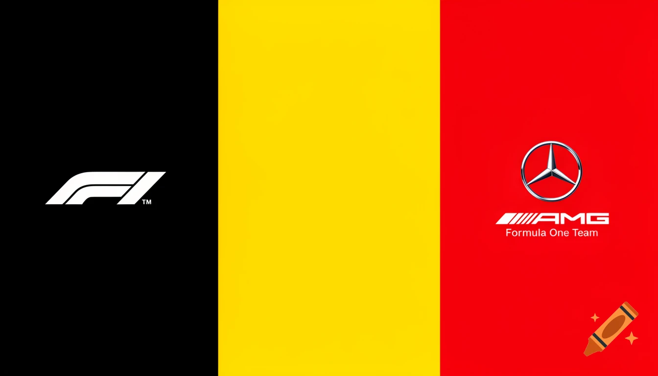 Belgian flag background with Formula 1 logo on black stripe and Mercedes-AMG Formula One Team logo on red stripe.