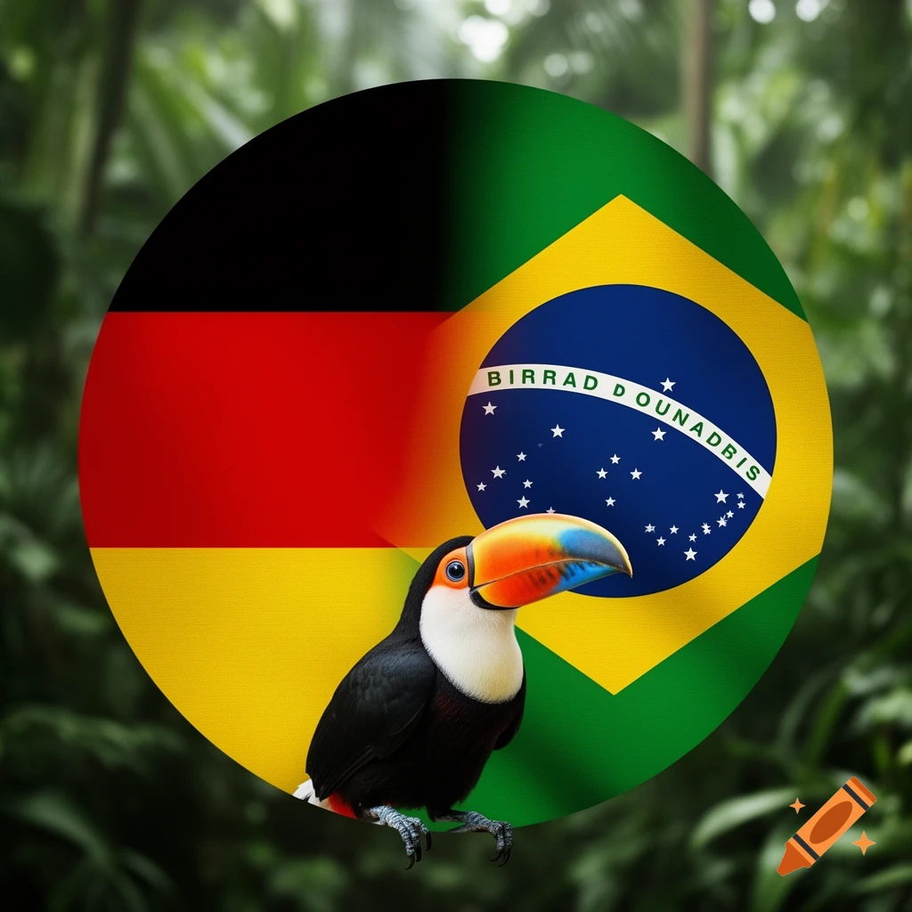 A toucan with a colorful beak stands in front of a circular emblem featuring the flags of Germany and Brazil, set against a jungle background.