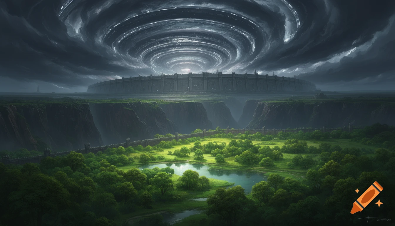 A green valley with a lake, cliffs, and a fortified wall, beneath a titanic concentric sci-fi megastructure in a dark, stormy sky.