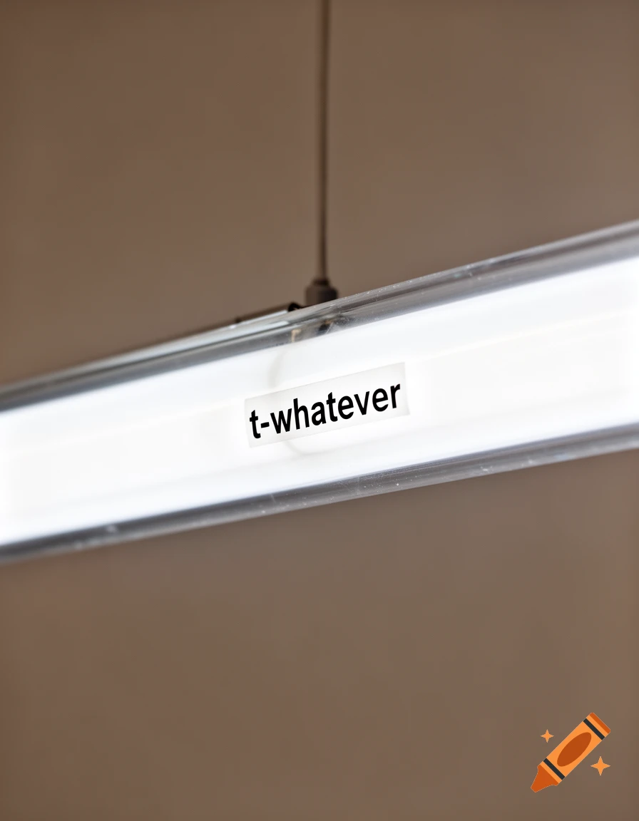 A close-up of a fluorescent light fixture with a label that reads 't-whatever'.