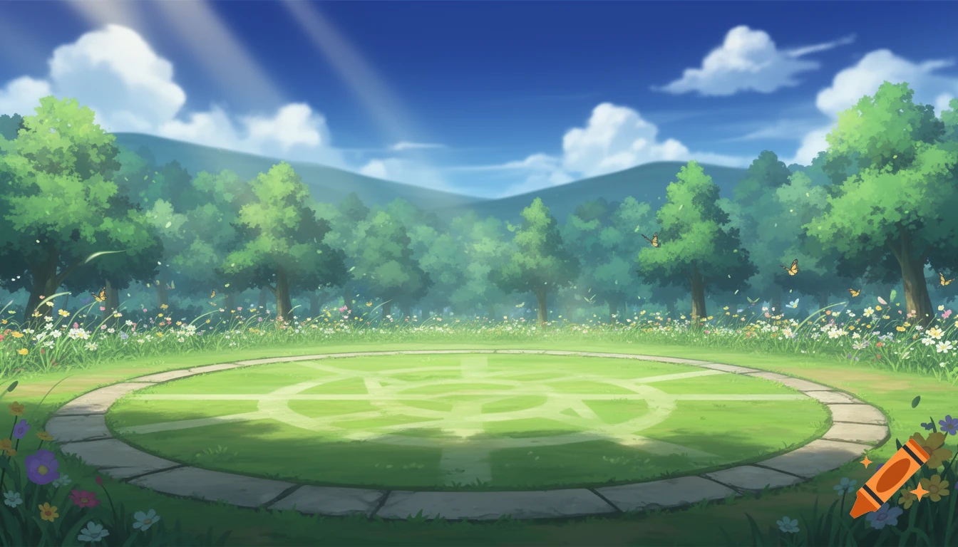 An anime-style forest clearing with a circular grassy battle arena under a sunny blue sky, surrounded by trees and wildflowers.