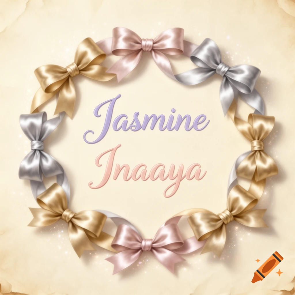 The names 'Jasmine' and 'Inaaya' in script font, encircled by a wreath of gold, silver, and pink silk bows on a light textured background.