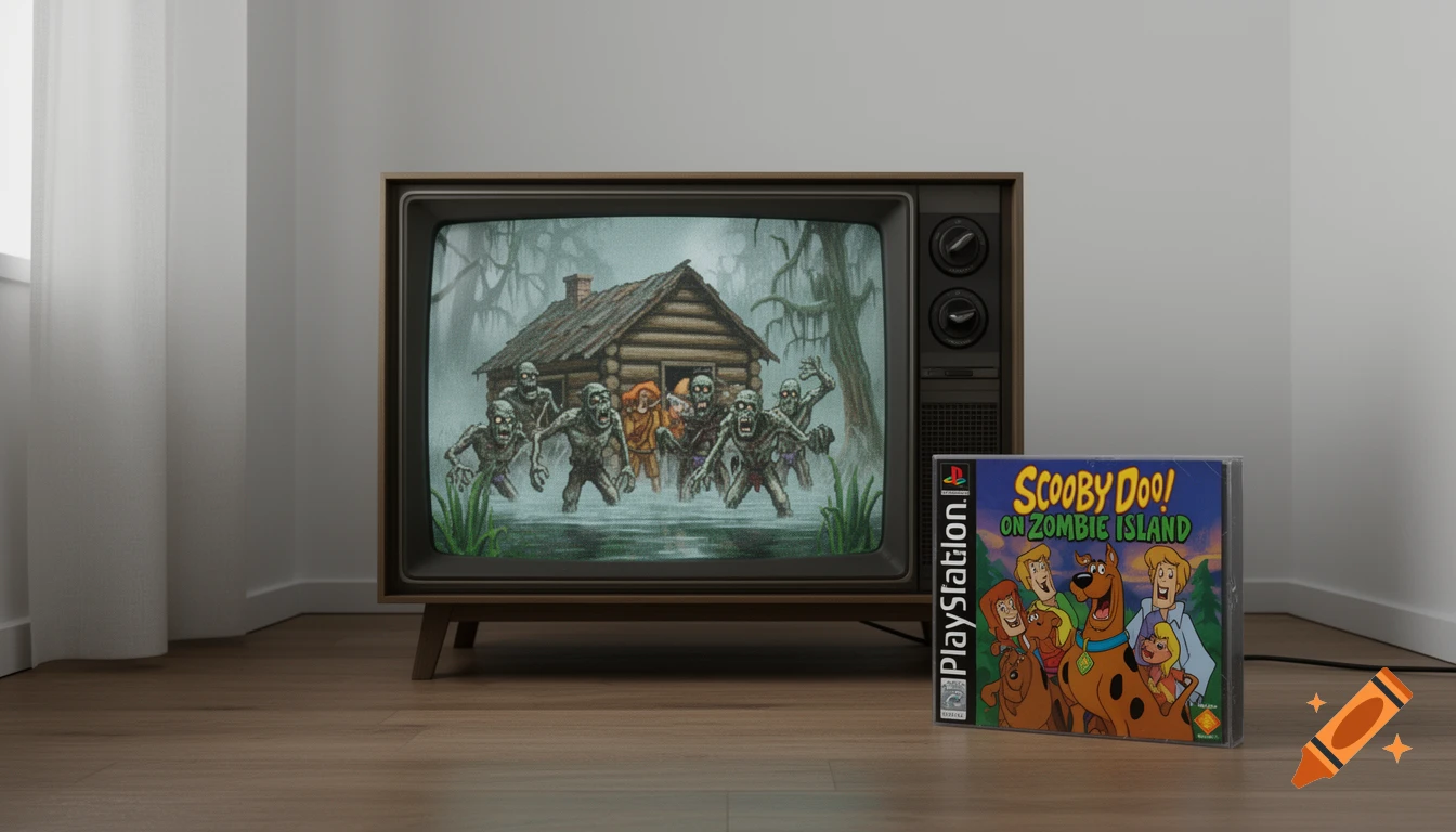 An old TV displaying a pixelated Scooby-Doo game where zombies swarm a cabin, with a PlayStation game case in front.