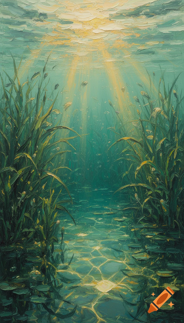 An impasto acrylic painting depicting a serene underwater landscape with dense green plants, small fish, and sunlight filtering through the water's surface.