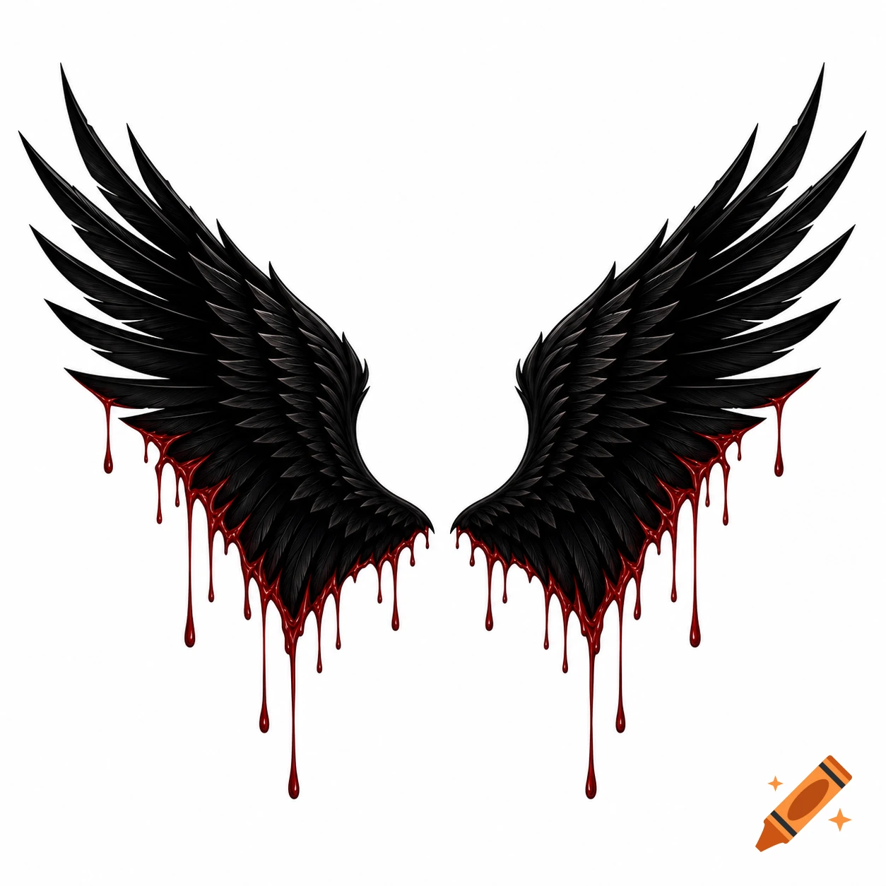 Stylized black raven wings dripping with red blood, isolated on a white background.