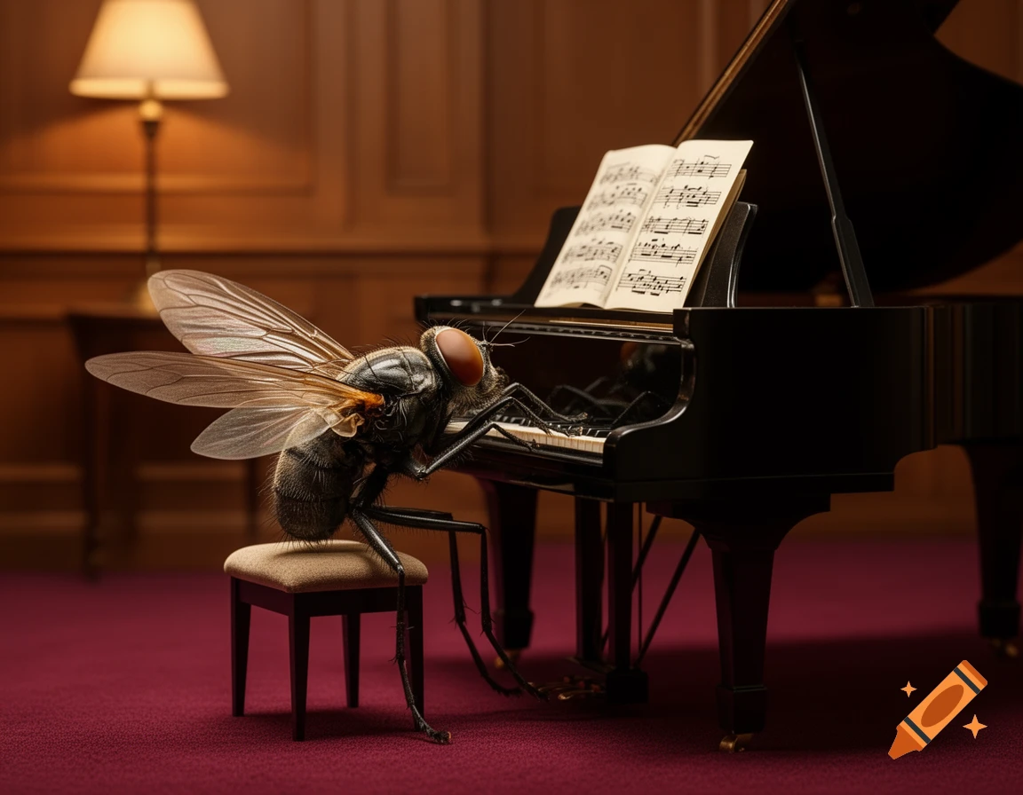A photorealistic image of a giant housefly sitting on a stool and playing a grand piano in a dimly lit room.