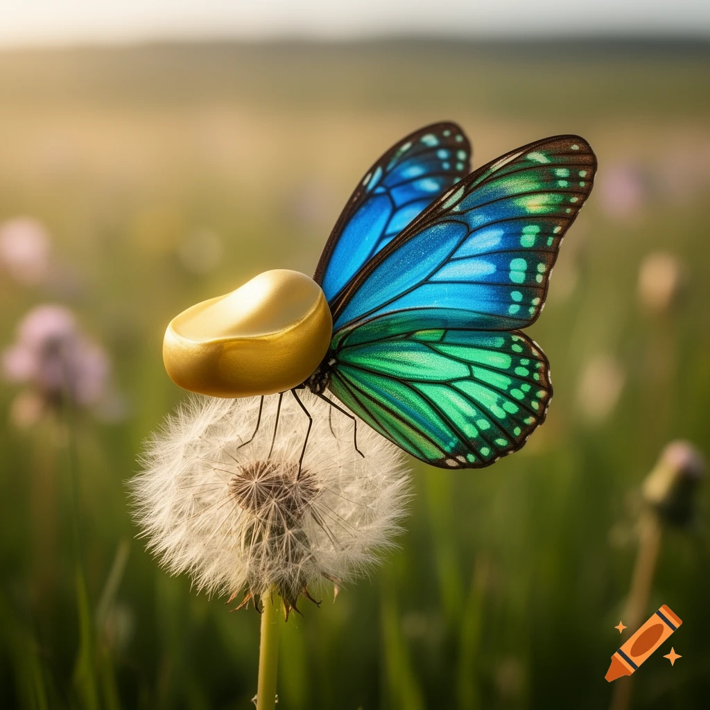 A photorealistic butterfly with a shiny golden, bean-shaped head sits on a dandelion in a sunlit field.