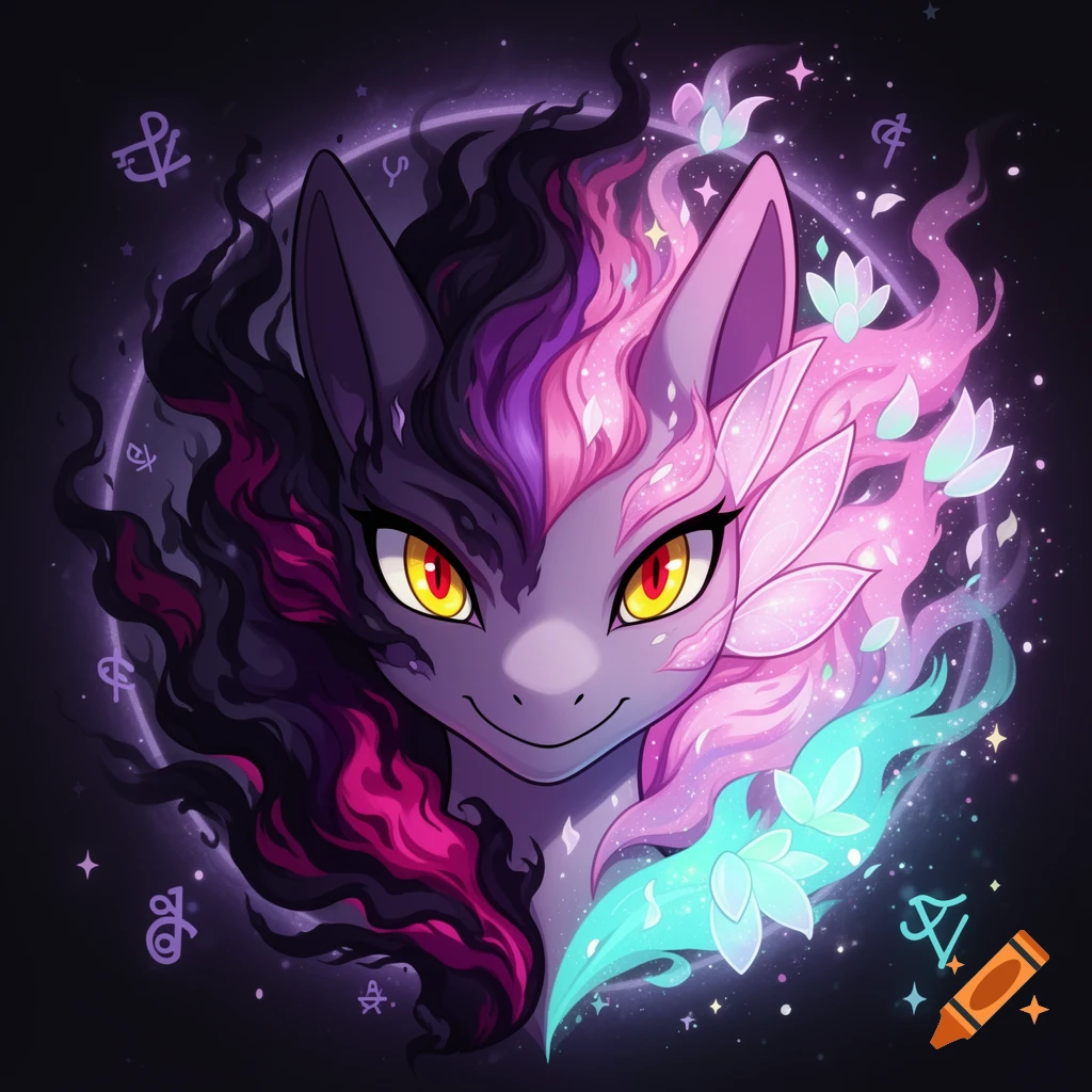 Close-up of a purple fantasy creature with glowing red and yellow eyes, split between dark, smoky energy and sparkling pink and cyan magic.